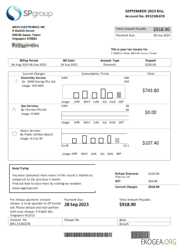 Facture d'entreprise de services publics du Groupe SP SCR, page 1